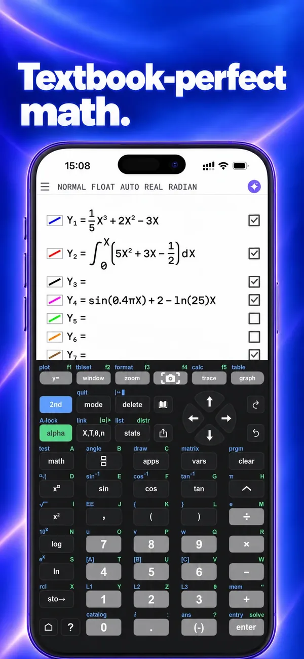 Y= editor with stacked fractions and an integral in textbook notation