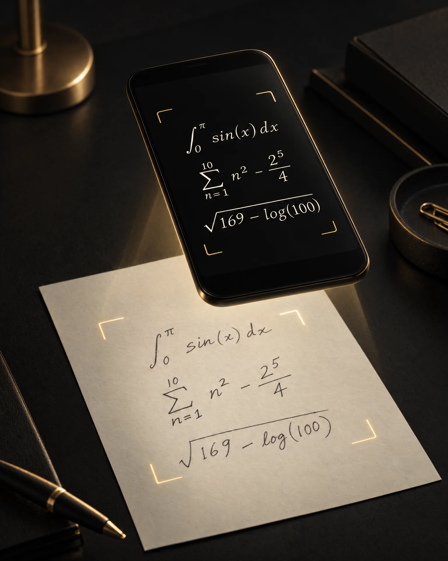 A phone reading a handwritten formula from a sheet of paper