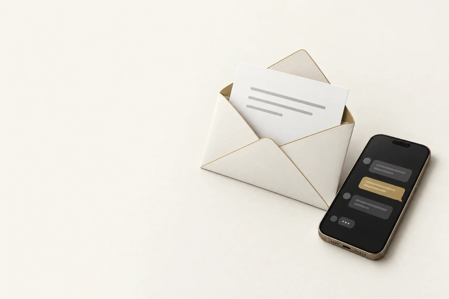 An open envelope next to a phone showing a message thread